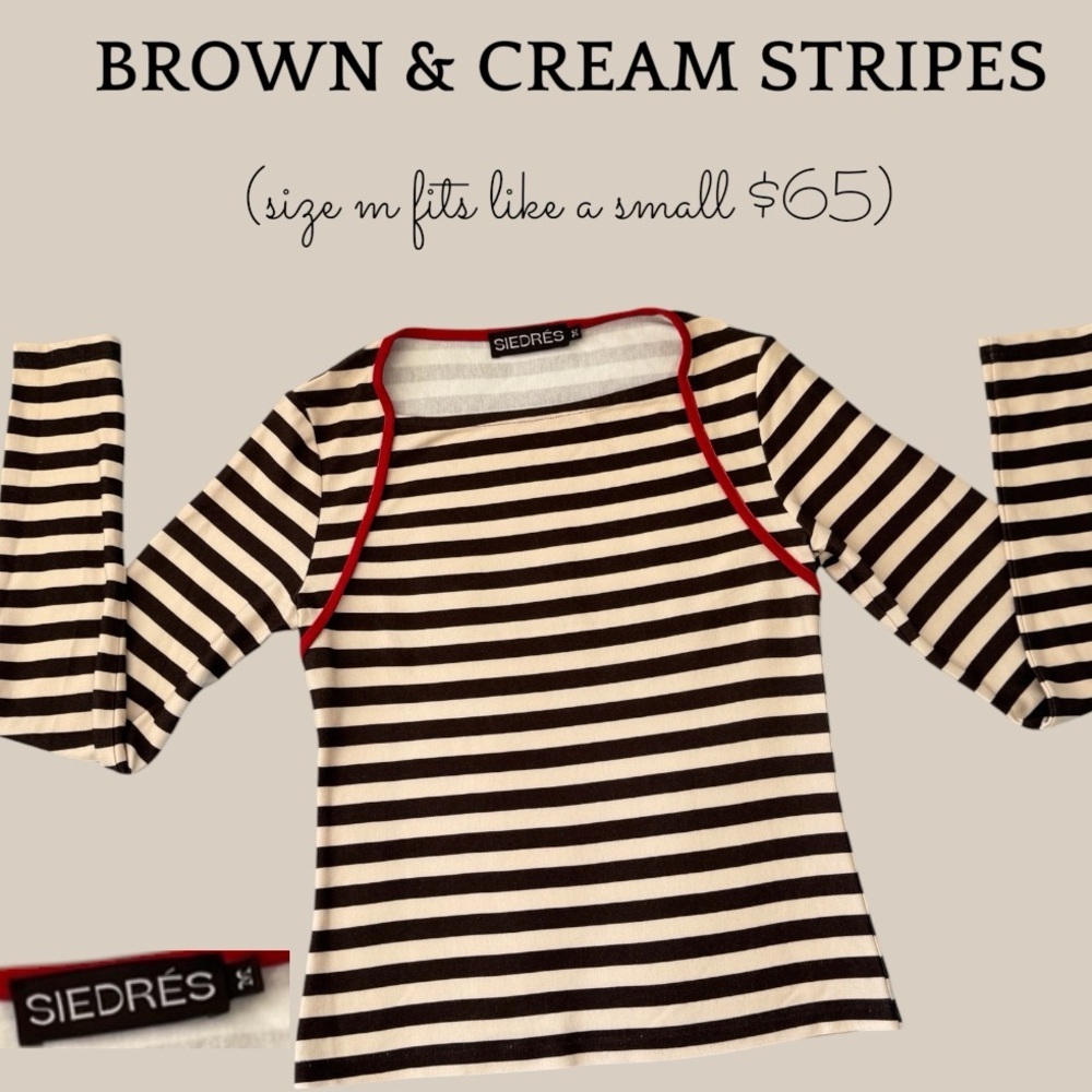 SIEDRES Brown & Cream Striped Long-Sleeve Top with Red Trim